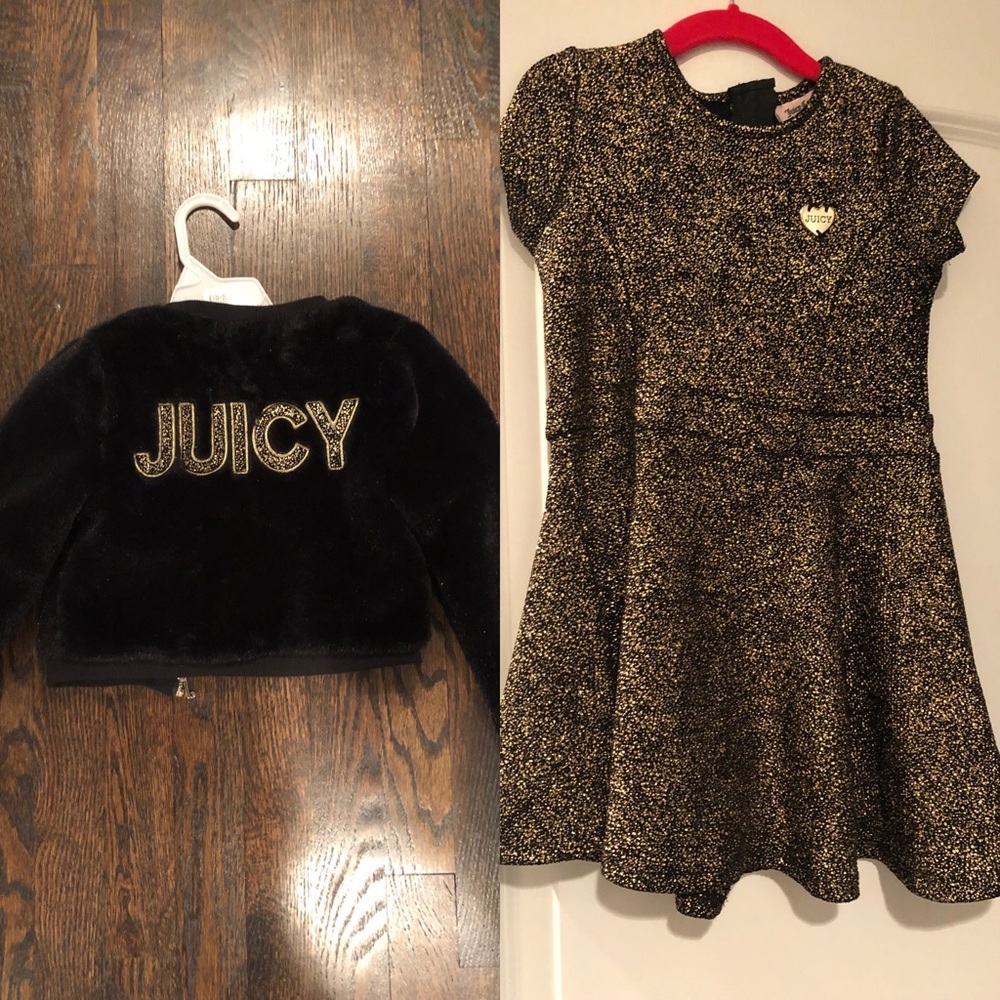 Faux fur short black Juicy jacket and gold and black Juicy dress